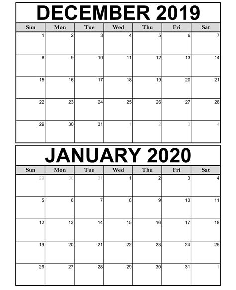 December 2019 January 2020 Calendar Printable